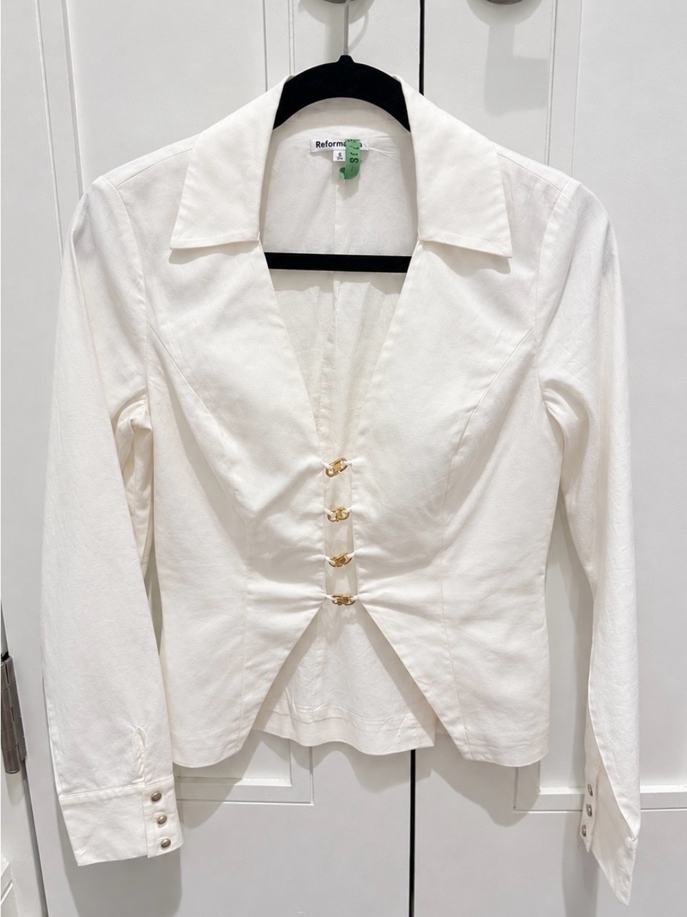 Reformation Carson Top White Gold Hardware Blouse Size 4 dry cleaned